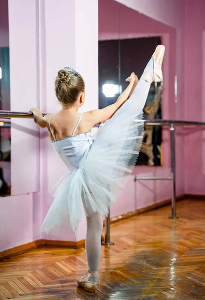 Young ballet dancer posing by ballet bar, stretching right leg standing back to the camera isolated in studio background. Small ballerina is training at a classical ballet studio