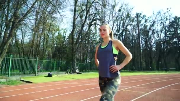 Runner Athlete Doing Exercises Stadium Sports Shoes Healthy Lifestyle — Stock Video