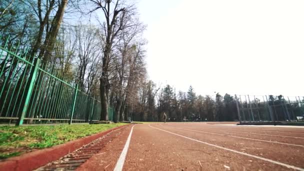 Una Corredora Pista Corriendo Estadio Figura Femenina Ideal Deporte — Vídeos de Stock