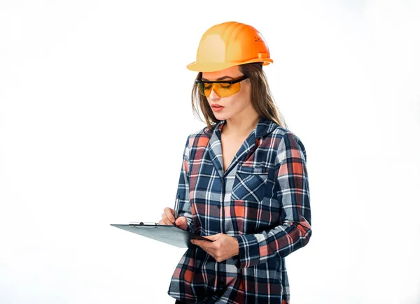 Attractive Woman Builder Orange Helmet Protective Glasses Folder Hand Writing — Stock Photo, Image