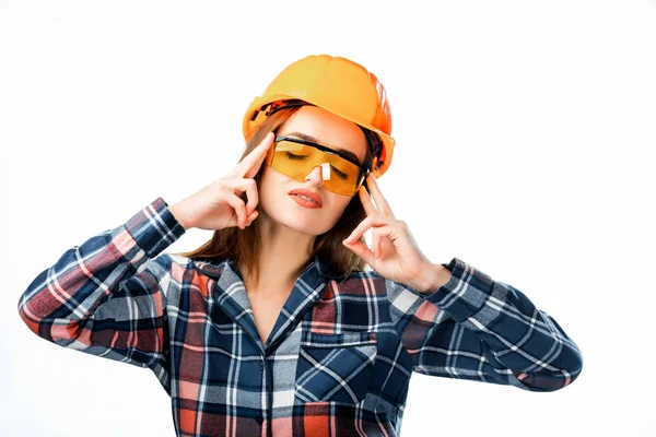 Tired Young Woman Wearing Security Helmet Glasses Suffering Headache Desperate — Stock Photo, Image