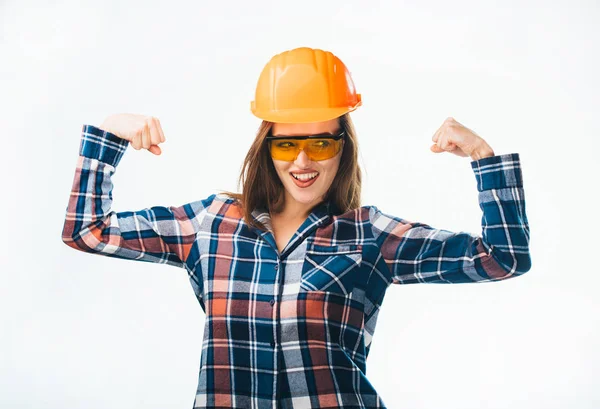 Strong Young Woman Orange Helmet Safety Glasses Plaid Shirt Showing — Stock Photo, Image