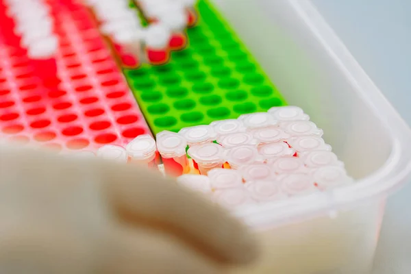 Operatori di laboratorio professionisti versano campioni di sangue in fiale sul tavolo. Tecnici di laboratorio medici che fanno esperimenti ematici in clinica di ricerca . — Foto Stock
