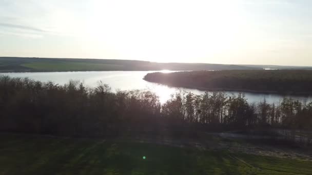 vue de la forêt sur le fond d'une rivière tranquille au coucher du soleil en été. Vue aérienne