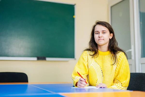 Portret van mooi meisje kijken naar camera met glimlach in klaslokaal. Student-en tutoring-onderwijsconcept. — Stockfoto