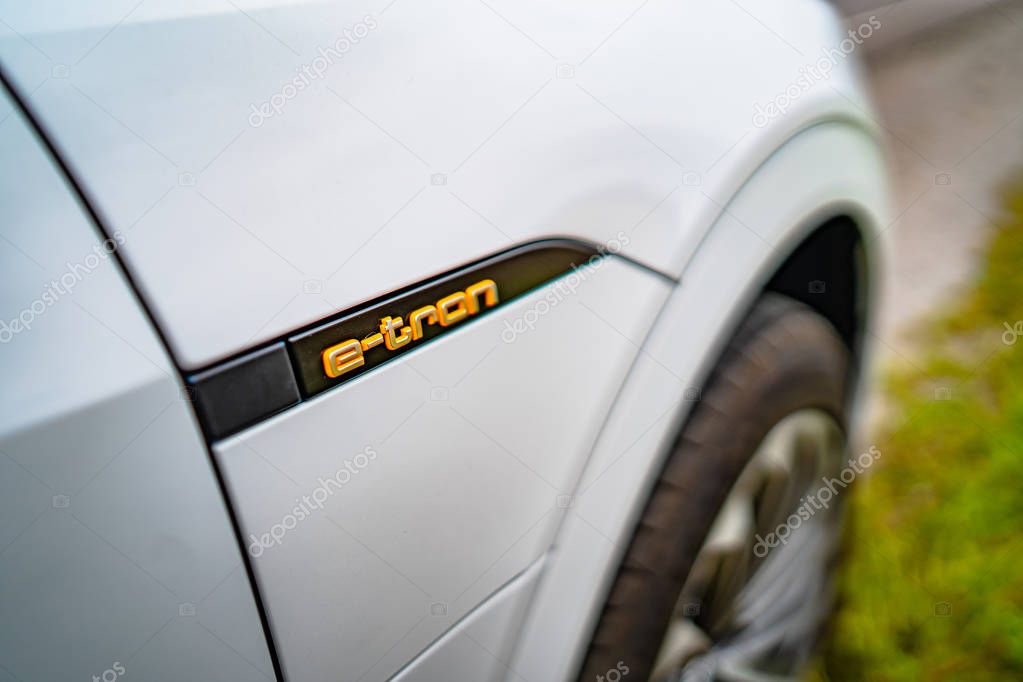 VINNITSA, UKRAINE - September 2019: Audi e-tron, detail view of the car body with audi logo