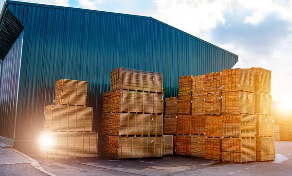 Warehouse interior, pallets with goods. Open-air. Transportation and logistic.