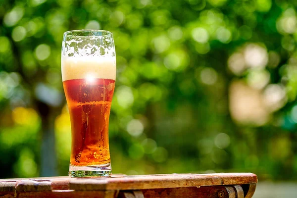 Cerveja em vidro na mesa de madeira com o parque da cidade borrado no fundo, fundo natural. Fechar. . — Fotografia de Stock