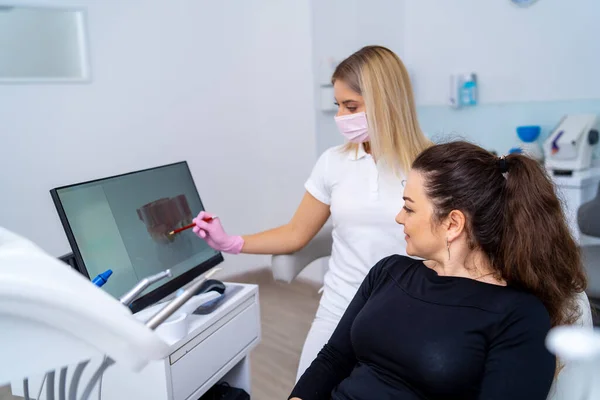Dentista Mostra Paciente Raio Dentes Monitor Explica Métodos Tratamento Dos — Fotografia de Stock
