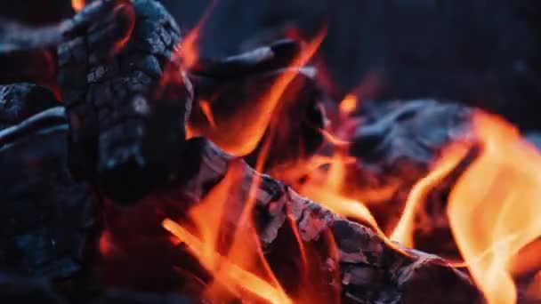 Close Gesmolten Houtblokken Donker Brandhout Gloeiend Het Kampvuur Logboeken Platbranden — Stockvideo