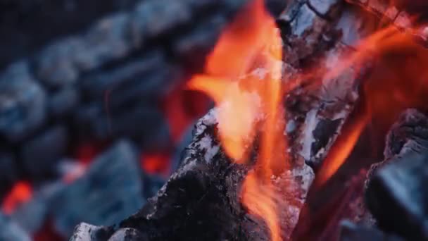 Ved Brinner Med Aska Närbild Trä Och Träkol Med Lätt — Stockvideo