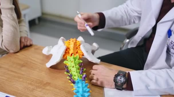 Plastic Model Spine Physiotherapist Explaining Work Bones Colorful Spine Model — Stock Video