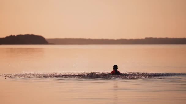 Niño Nadando Río Atardecer Silueta Niño Está Salpicando Alegremente Agua — Vídeos de Stock