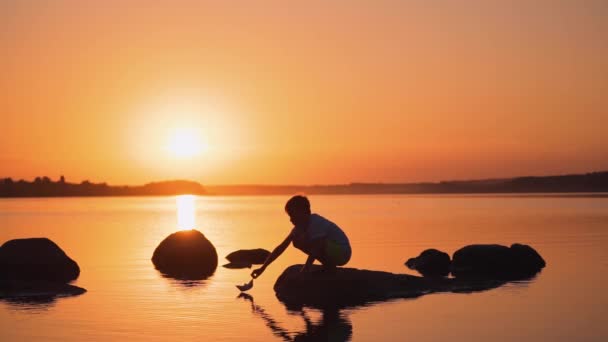 Niño Con Barco Papel Atardecer Niño Sentado Una Piedra Lago — Vídeo de stock