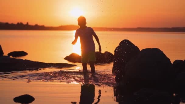 少年は日没時に水の中を歩く 石の間で川の中に立って服を着た子供のシルエット 夕方の水に子供が飛び散った スローモーション — ストック動画