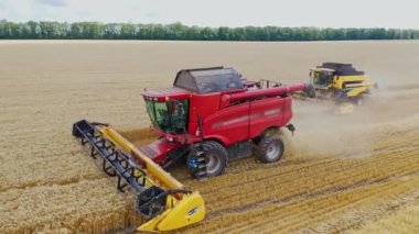 Tarım, olgun mahsulleri hasat etmeyi birleştirir. Yazın mevsimlik çalışmalar sırasında sarı alanda güzel bir hava manzarası. Çiftçilik kavramı.
