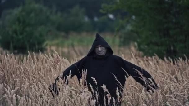 Mystieke Duivel Zwarte Mantel Het Veld Portret Van Een Spookachtige — Stockvideo