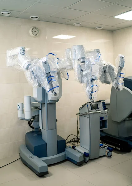 Modern surgical system. Medical robot. Minimally invasive robotic surgery. Medical background