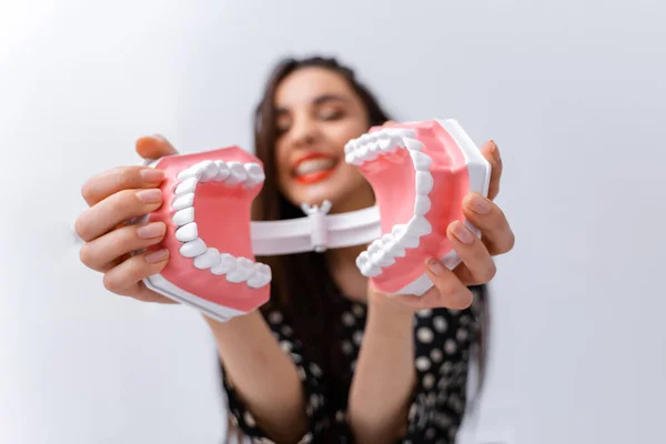 Funny Girl Toing Dental Jaw White Background Opened Plastic Jaw — Stock Photo, Image