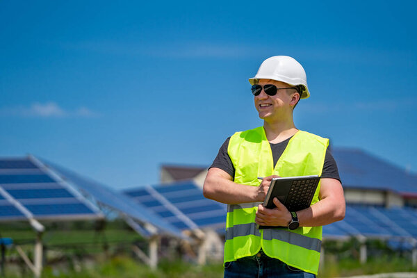 Solar power panel. Green energy. Electricity. Power energy pannels. Engeneer on a solar plant.