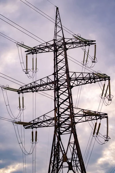 Silueta Del Pilón Transmisión Electricidad Noche Línea Energía Hermoso Paisaje —  Fotos de Stock