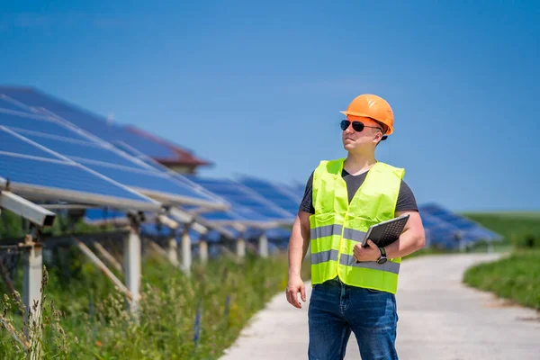 Solar power panel. Green energy. Electricity. Power energy pannels. Engineer on a solar plant.