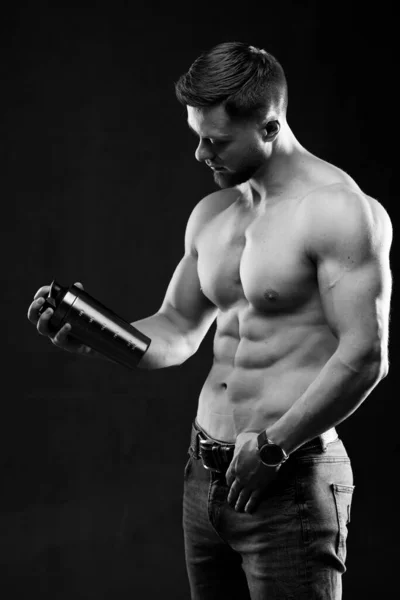 Very Muscular Sporty Guy Holding Protein Drink Man Naked Torso — Stock Photo, Image