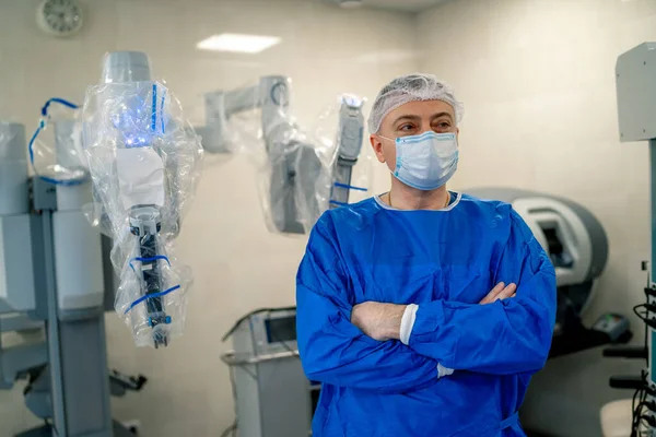 Surgical room in hospital with robotic technology equipment, machine arm surgeon in futuristic operation room. Minimal invasive surgical innovation, medical robot surgery with endoscopy