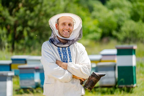 Apicoltore Trova Bivio Vicino All Apiario Apicoltura Apparato Respiratorio — Foto Stock