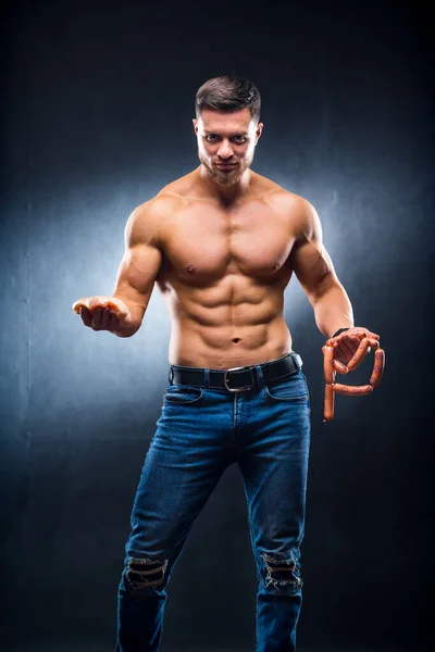 Athletic Young Sportsman Holding Chicken Breasts Sausage Dieting Sport Nutrition — Stock Photo, Image