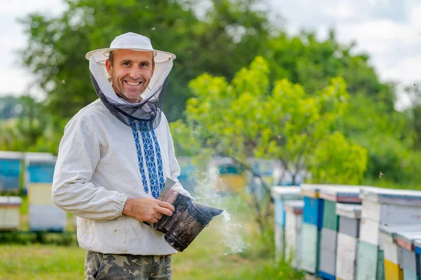 夏の日は養蜂家 養蜂家と仕事をしてる男だ 食欲をそそる 養蜂の概念 — ストック写真