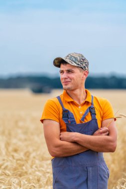 Kuru hasatla tarlada çiftçi. Bulanık arkaplanda altın buğday tarlası.