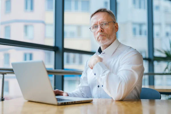 Senior Businessman Looking Camera Senior Man Working Laptop Handsome Middle — Stock Photo, Image