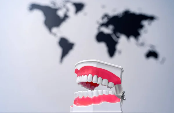 Artificial Teeth Model World Map Background Dental Hygiene Health Concept — Stock Photo, Image