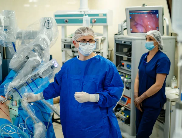 Equipment and medical devices in modern operating room. Operating theatre. Selective focus. Robotic modern equipment.