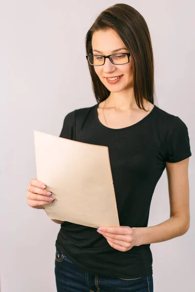 Young Pretty Business Woman Tablet Paper Isolated White Background — Stock Photo, Image