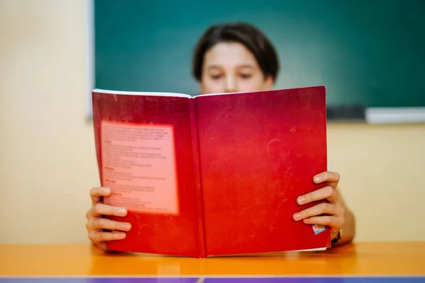 Okul Çocuğu Derste Okuyor Planda Büyük Kırmızı Metin Kitabı — Stok fotoğraf