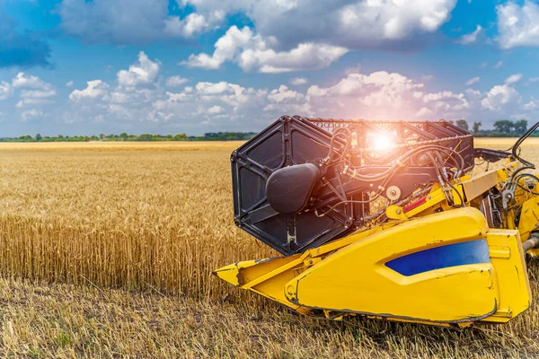 Sommerweizenernte Roggen Mähdrescher Arbeiten Auf Goldweizenfeldern Erntemaschinen Auf Goldenen Weizenfeldern — Stockfoto