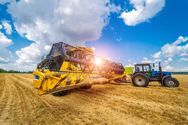 Grain Harvesting Combine Sunny Day Yellow Field Grain Agricultural Technic — Stock Photo, Image