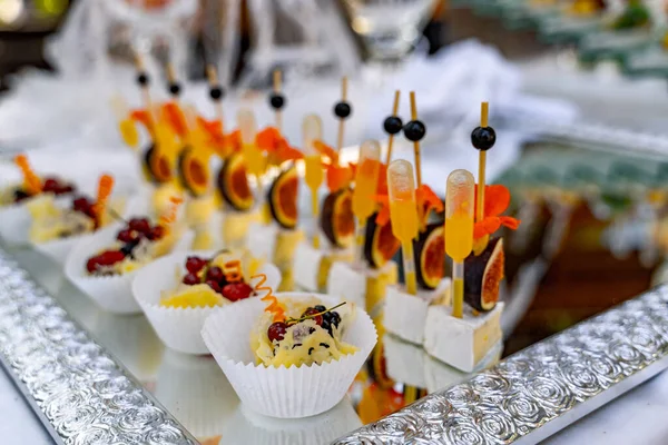 Lot Cold Snacks Buffet Table Sweet Appetizers Catering Celebration — Stock Photo, Image