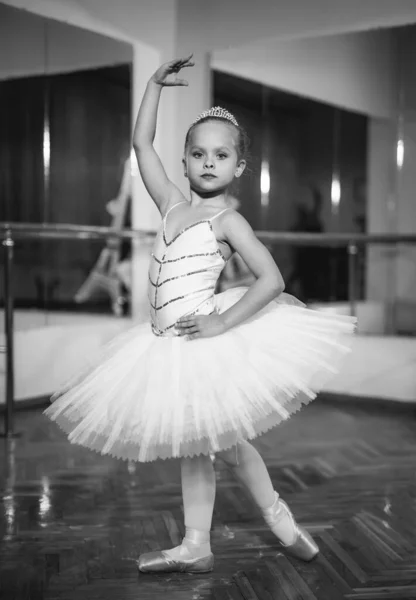 Una Niña Pequeña Tutú Blanco Pie Pose Con Mano Sobre —  Fotos de Stock