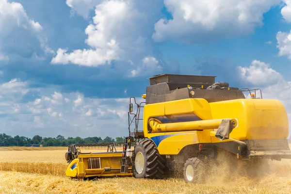 Getreideernte Einem Sonnigen Tag Gelbes Feld Mit Getreide Landtechnik Arbeitet — Stockfoto