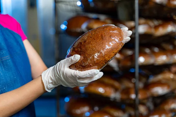 Baker girl against the background of shelves with fresh bread in hands. Industrial bread production. Selective focus.
