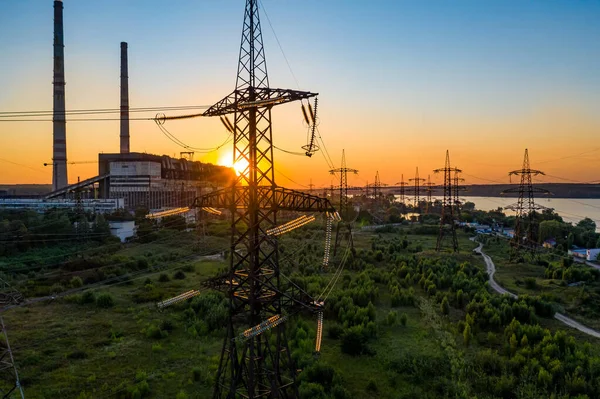 Torre Eléctrica Alto Voltaje Silueta Atardecer Pilones Energía Fondo Hora — Foto de Stock