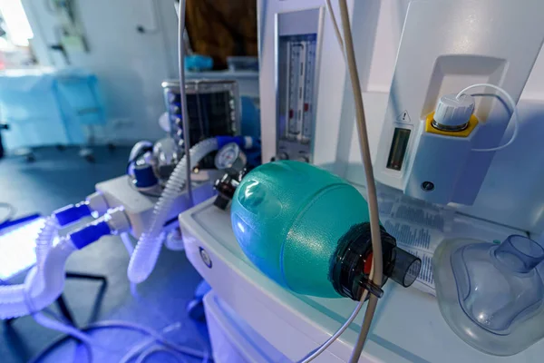 Medical equipment, apparatus for artificial lung ventilation. Selective focus on intubation mask. Closeup.