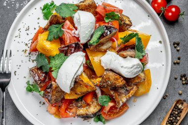 Taze renkte bahar salatası. Taze domatesli canlı salata, kremalı peynir ve baharları beyaz bir tabakta servis edilen kızarmış sebzeler..