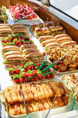 Güneşli bir günde leziz bir açık büfe. Canlı bir sandviç, salata ve tatlı seçimi masaya serilmiş, güneşli bir günde suyun tadını çıkarıyordu..