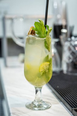 Nane kokteyli ve taze bitki garnitürü. Büyük bir bardak nane kokteyli bir tezgahın üzerinde duruyor. Nane yaprakları ve narenciye dilimleriyle süslenmiş..