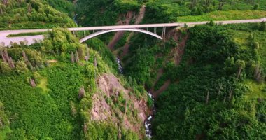 Gulch Köprüsü Kasırgası 'na daha yakın uçarak kanyonların kayalık taraflarını birbirine bağlıyorlar. Dar bir nehir köprünün altından akar. Alaska, ABD.
