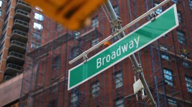 New York 'un arka planında binalar olan Broadway sokak tabelasına yakın çekim.